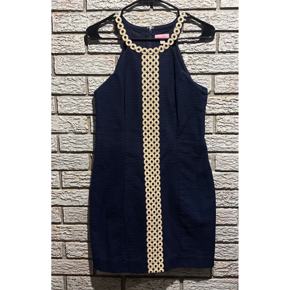 Lilly Pulitzer Mila Shift Dress Navy Blue Gold Crochet Lace Halter Cotton Sz 4
